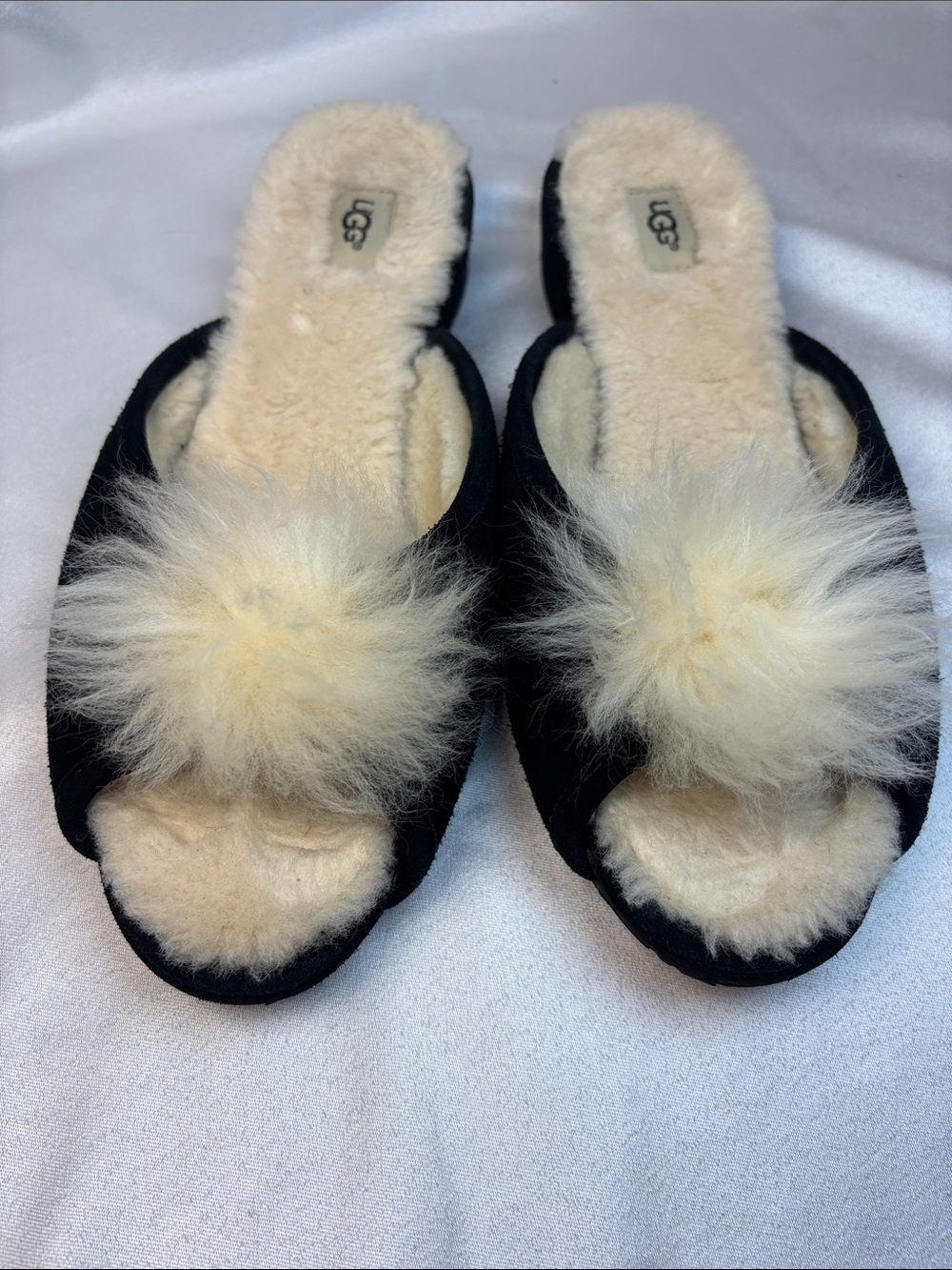 UGG Women's Black Slide Slippers with Cream Pom
